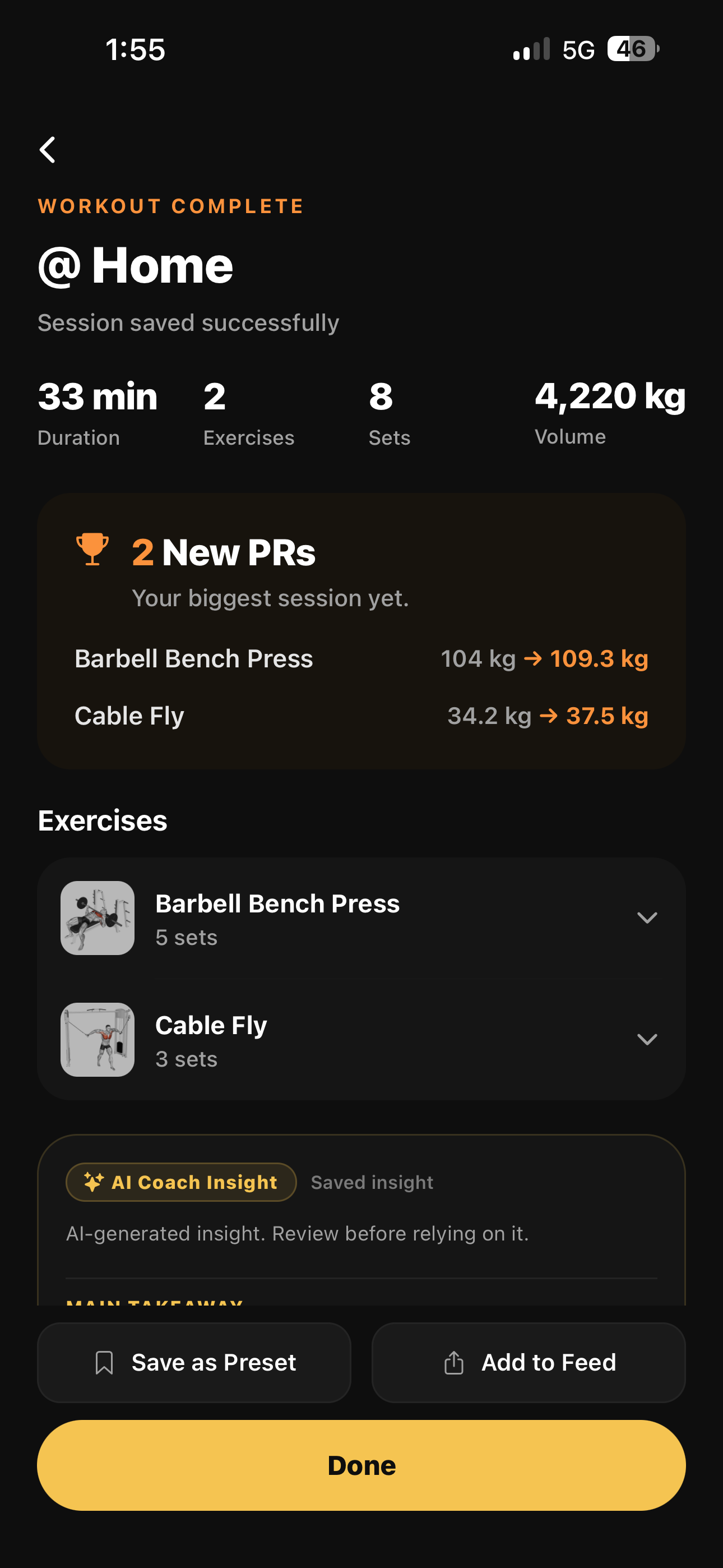 Workout complete stats